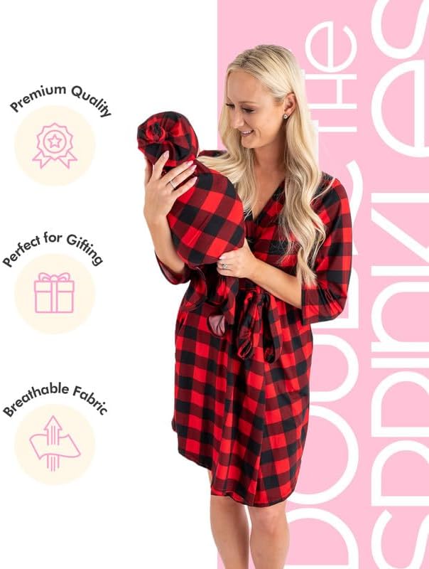 Conjunto de bata y manta de maternidad, trajes de mamá y bebé a juego, bata de hospital, manta y sombrero., Rojo Plaid