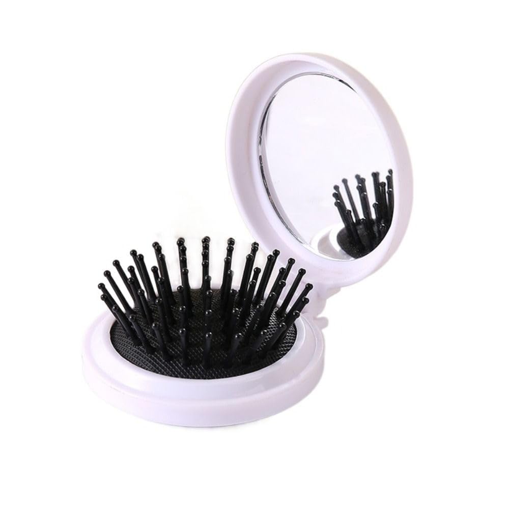 2 cepillos de pelo plegables de viaje con espejo, cepillo de pelo redondo portátil plegable de bolsillo, mini masaje de cabello, espejo compacto con