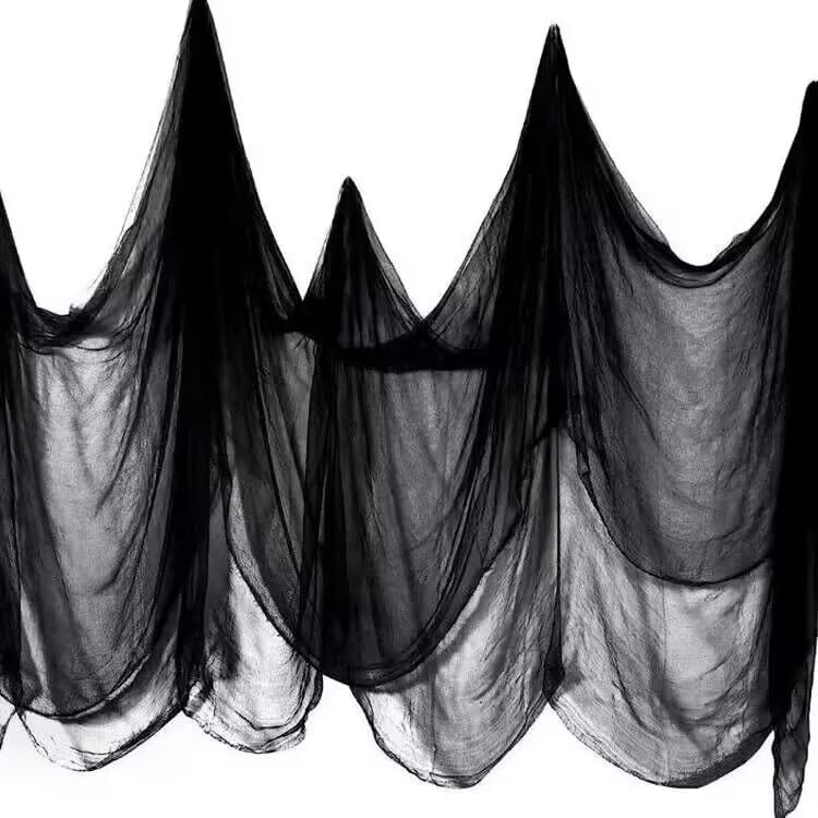 Tela espeluznante de Halloween de 197 x 85 pulgadas, paño de tela espeluznante negro para decoración de interiores y exteriores, gasa aterradora