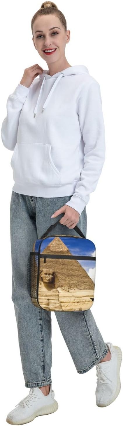 Bolsa de almuerzo para mujeres y hombres, bolsa de mano aislada, pirámides de Egipto, lonchera con bolsillo lateral para picnic de trabajo