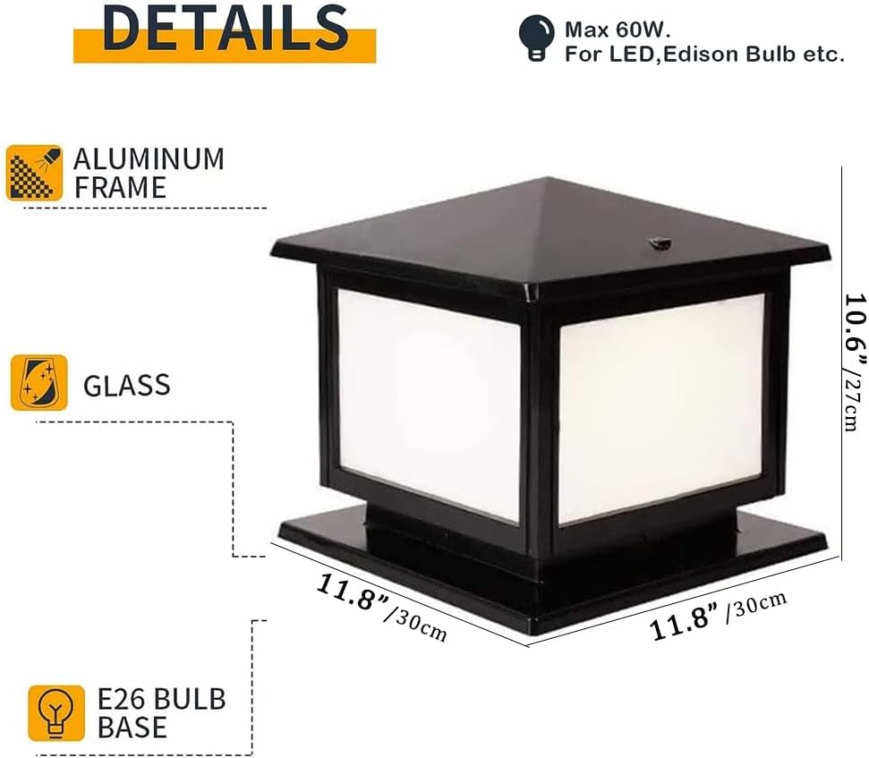 Luz de columna para exteriores, impermeable, IP65, luz de pilar, luz de poste exterior, farol de poste de aluminio negro, valla de vidrio, pedestal