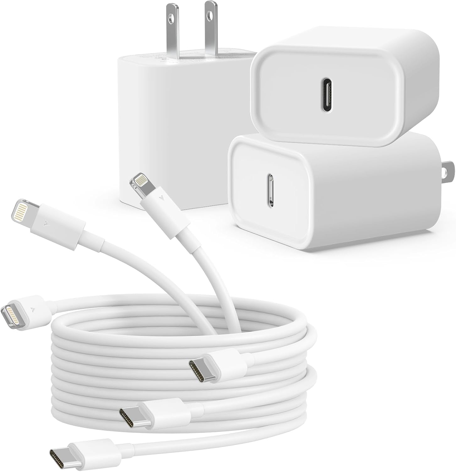 Paquete de 3 cargadores de iPhone certificado MFi, bloque de cargador de pared USB C de 20 W PD con cable tipo C a Lightning de 6 pies, adaptador de