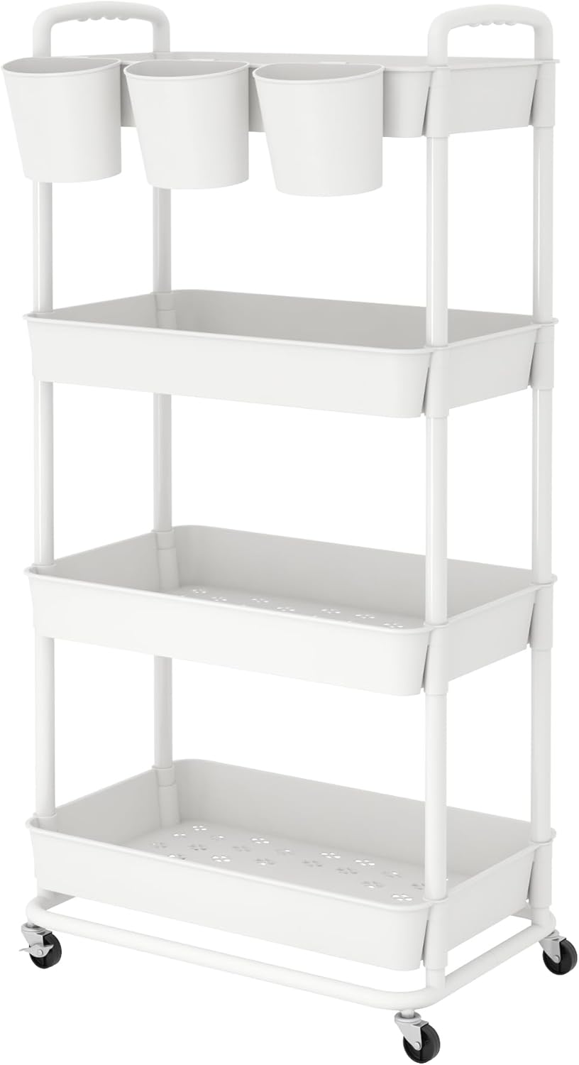 JIUYOTREE Carrito de almacenamiento de plástico de 4 niveles con asas de tazas colgantes adicionales, ruedas bloqueables para sala de estar, baño,