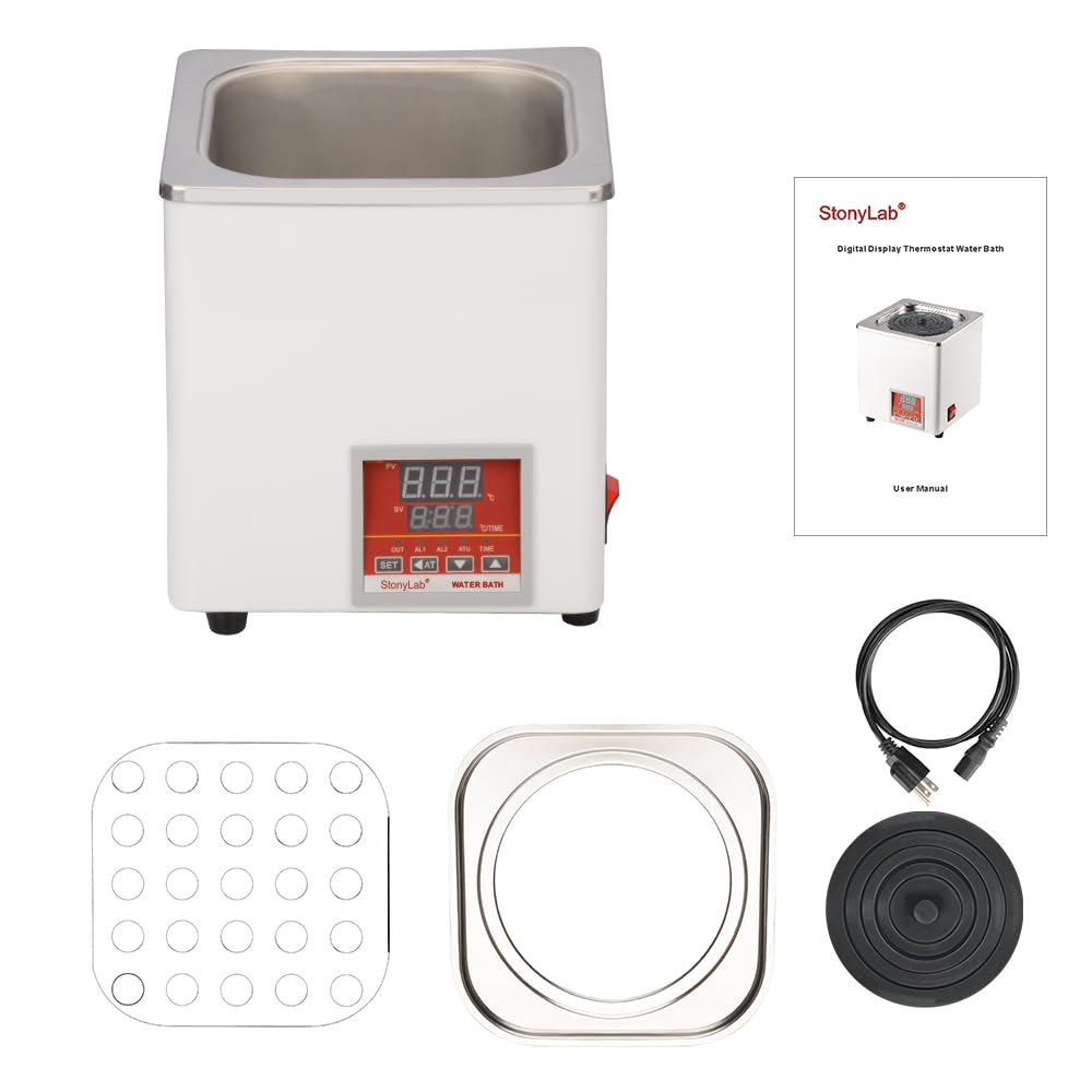 stonylab Baño de agua digital, baño termostático de uso general de 3 litros con pantalla digital y tapa protectora, 300 W, 110 V, 5060 Hz