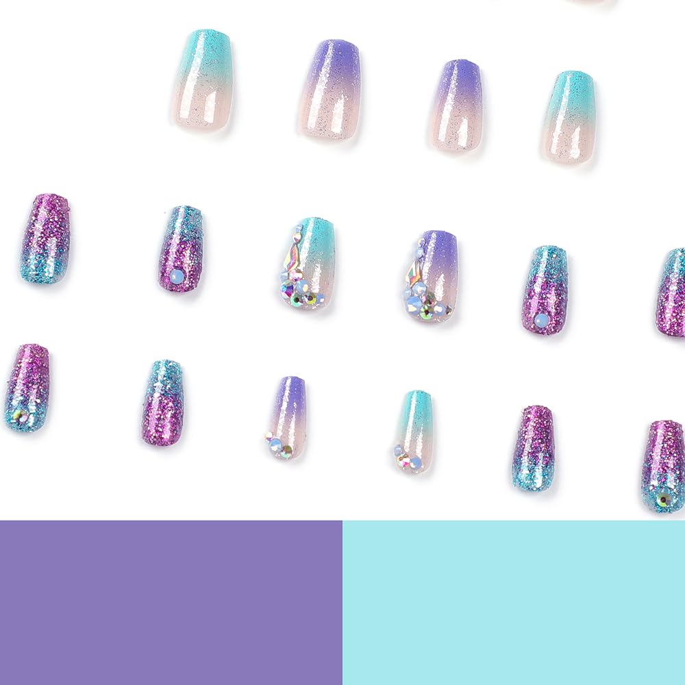 Uñas postizas medianas a presión con diamantes de imitación con purpurina colorida y diseño degradado, uñas postizas acrílicas, uñas artificiales