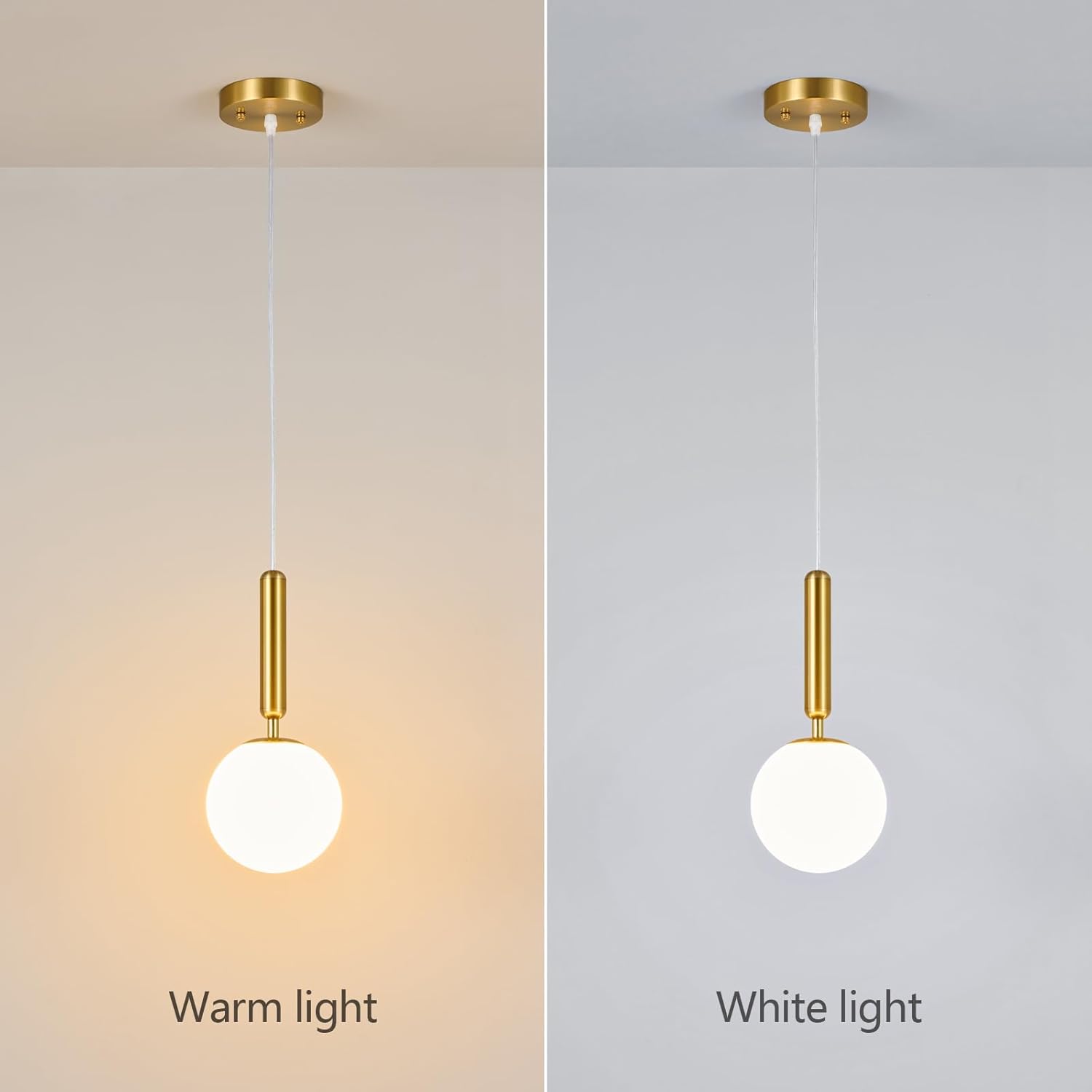 FDPBY Lámpara colgante moderna para isla de cocina, luces colgantes doradas de mediados de siglo con globo blanco lechoso para dormitorio, baño,