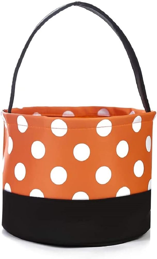 Jolly Jon Bolsas de Halloween para pedir dulces  Bolsa de cubo de dulces para niños  Naranja Negro Blanco Lunares  Cesta 6.75 pulgadas de alto x 9