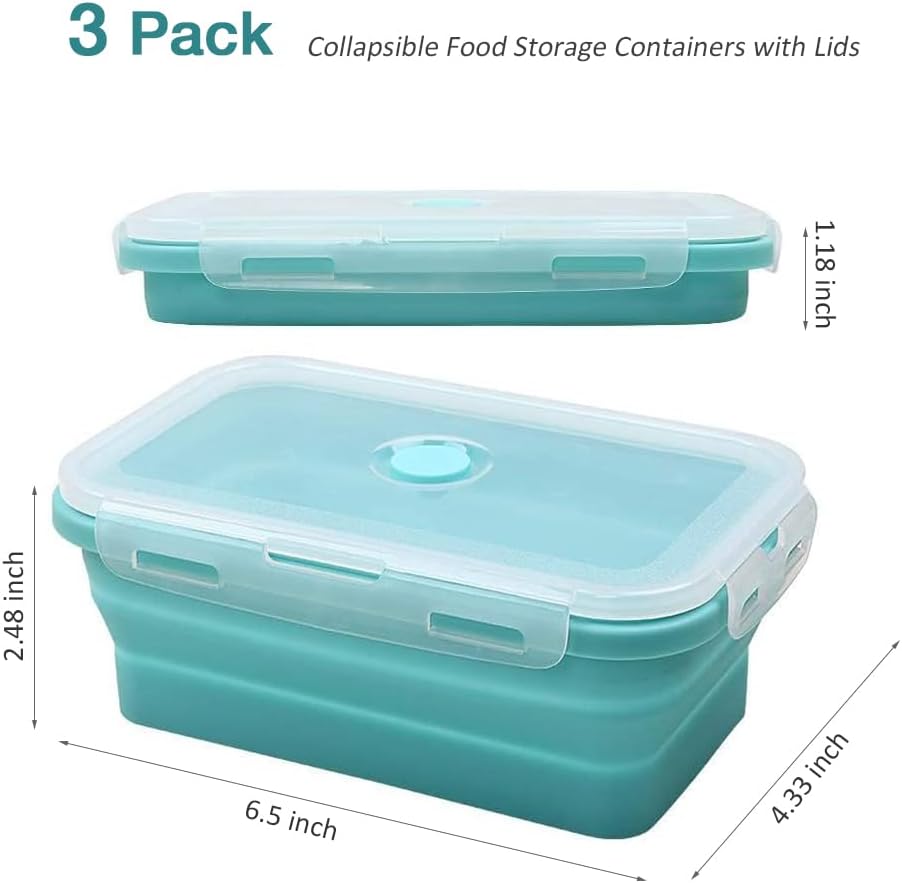 Alimat PluS Contenedores pequeños de silicona para almacenamiento de alimentos con tapas, juego de 3 recipientes plegables de 16.9 onzas líquidas,