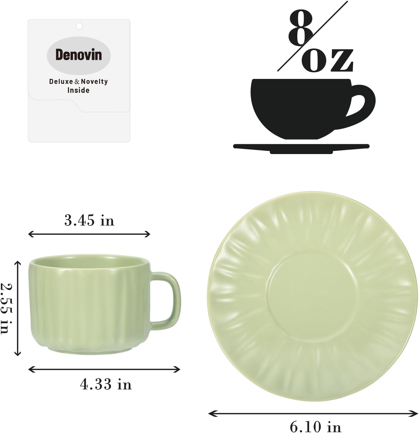 Denovin Juego de taza de café y platillo de cerámica, taza de café de capuchino Demitasse con rayas de melón amargo, 8 onzas, perfecta para té con