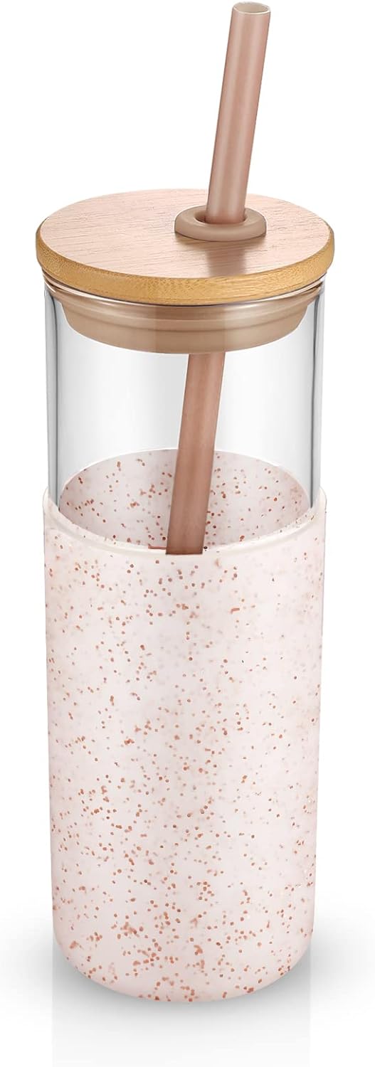 Tronco – Vaso de vidrio de 24 onzas, con pajita de silicona y tapa de bambú, libre de bisfenol A