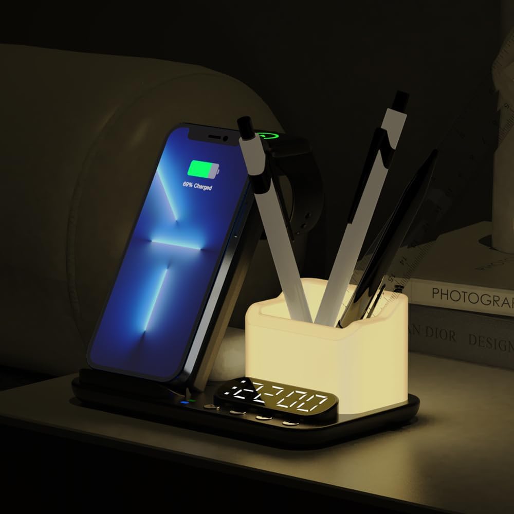 Plegable 6 en 1 con 2 bobinas, soporte de cargador inalámbrico rápido de 15 W y con reloj despertador digital y luz nocturna para iPhone 141312