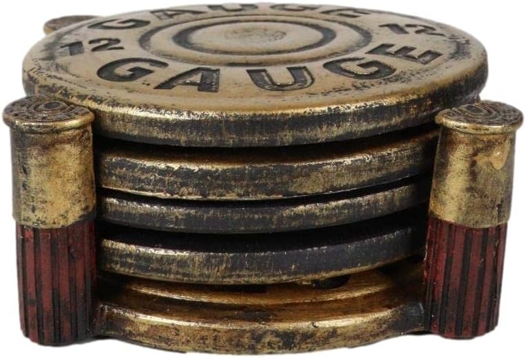 Ebros Gift Western – Juego de posavasos redondos de bala dorada de calibre 12 con 4 posavasos y soporte escultórico, figura decorativa, 5 pulgadas