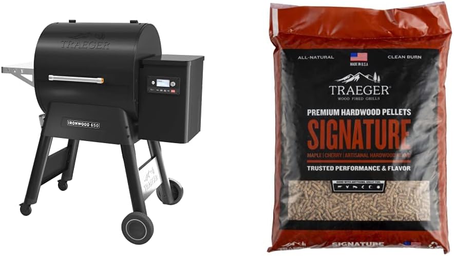 Traeger Grills Ironwood 650 – Parrilla de pellets de madera y ahumador Black & PEL331 Signature Blend 100% natural de pellets de madera dura, para