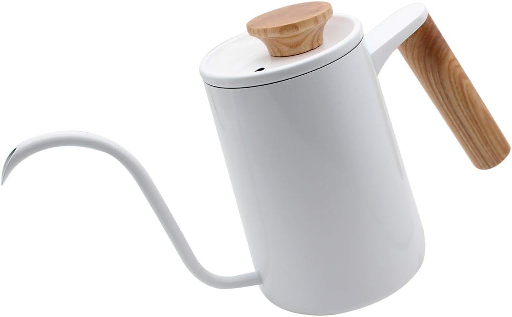 Hervidor de café, cafetera de acero inoxidable, hervidores de té, boquilla de cuello de cisne para un vertido de precisión con mango de madera blanco