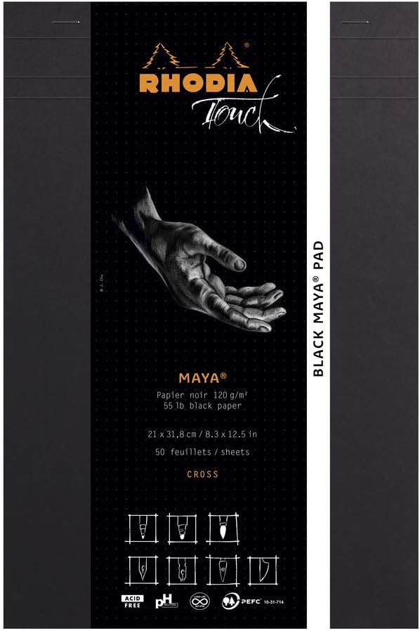 RHODIA Touch 116113C – Bloque negro Maya Pad A4+ New Ruler Cross – 50 hojas – Clairefontaine Maya papel negro 4.23 ozm – para caligrafía y dibujo