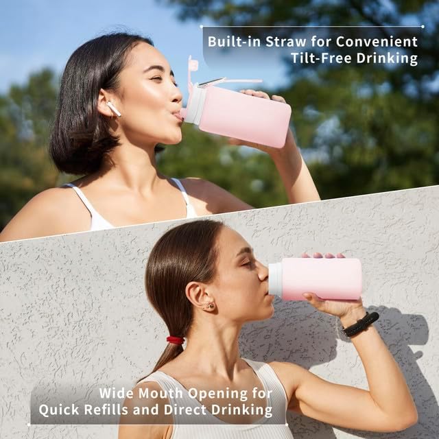 Botella de agua plegable con boquilla y mosquetón, silicona sin BPA y a prueba de fugas, perfecta para viajes, fitness, gimnasio, deportes,