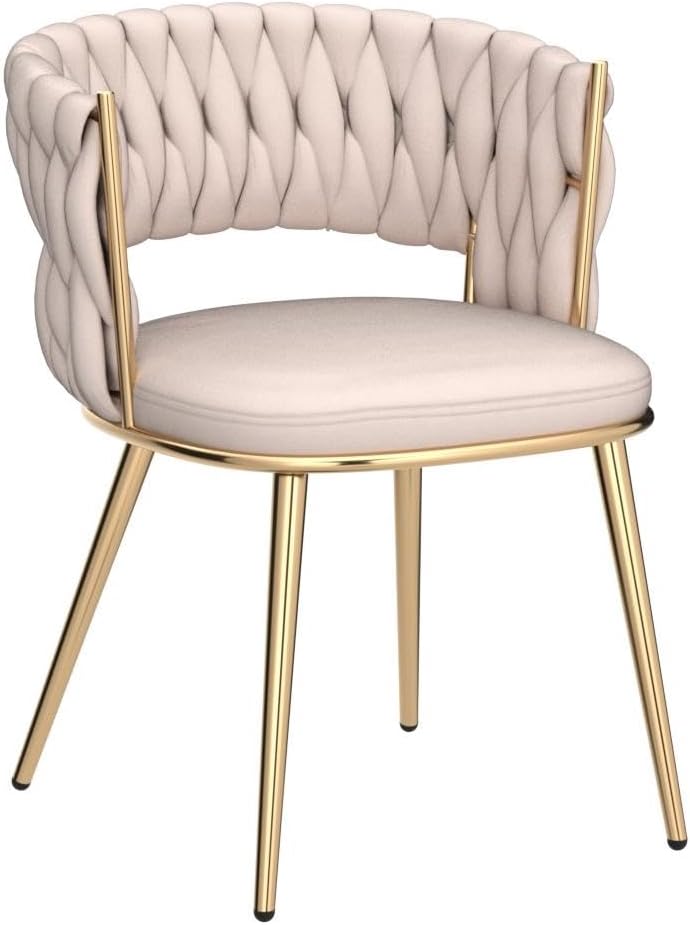 KCC Juego de 2 sillas de comedor modernas de terciopelo, sillas tapizadas para sala de estar con respaldo tejido y patas de metal dorado, silla