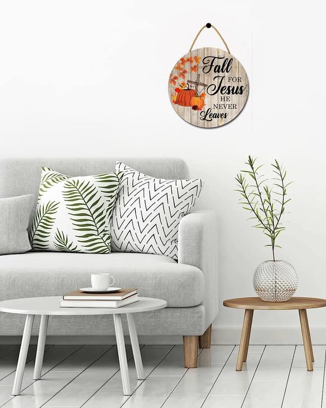SRongmao Letreros religiosos de madera con texto en inglés “Fall For Jesus He Never Leaves para puerta delantera, porche, casa de campo, coronas de