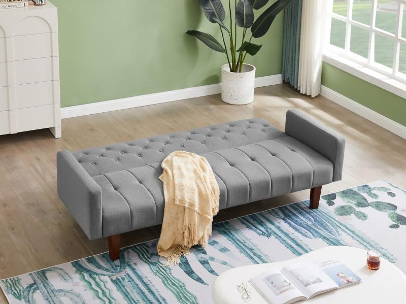 Sofá cama convertible de mediados de siglo con respaldo copetudo gris con patas de madera cónicas para sala de estar, apartamento, sala de estar