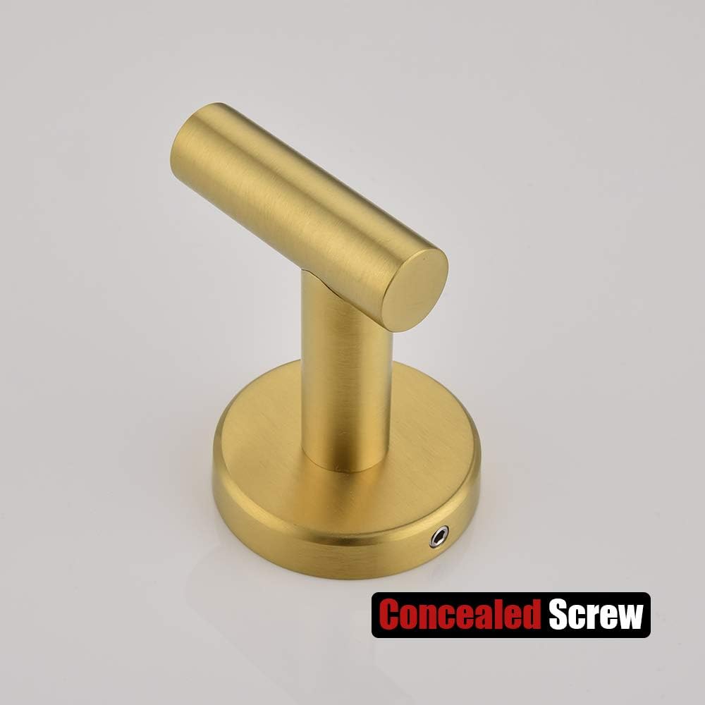 JQK Gancho para toallas de baño, color oro cepillado, gancho de latón para ropa para baño, cocina, garaje, montaje en pared (paquete de 4), acero