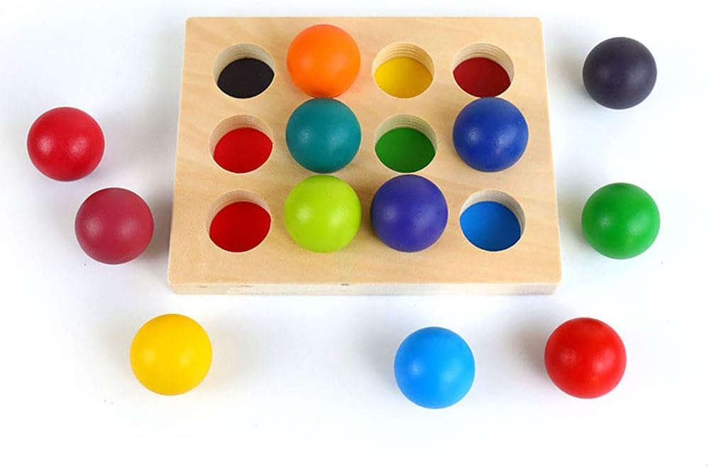 Pelotas de madera arcoíris con bandeja, 12 piezas de clasificación y juego educativo Montessori juguete para niños pequeños, bolas más grandes para