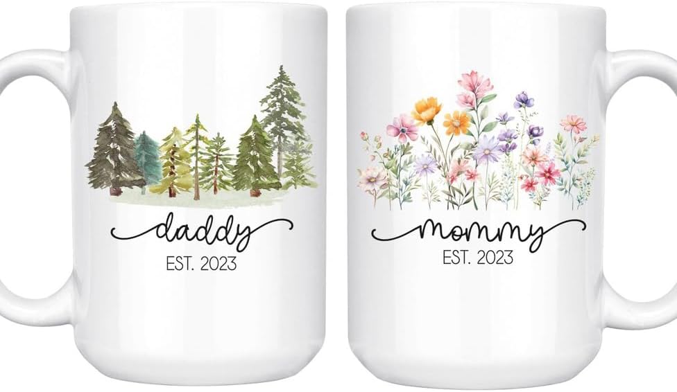 Juego de 2 tazas personalizadas para padres nuevos, papá 2023, mamá est 2023, mamá est 2023, regalo de primera vez, regalo para papá nuevo, juego de