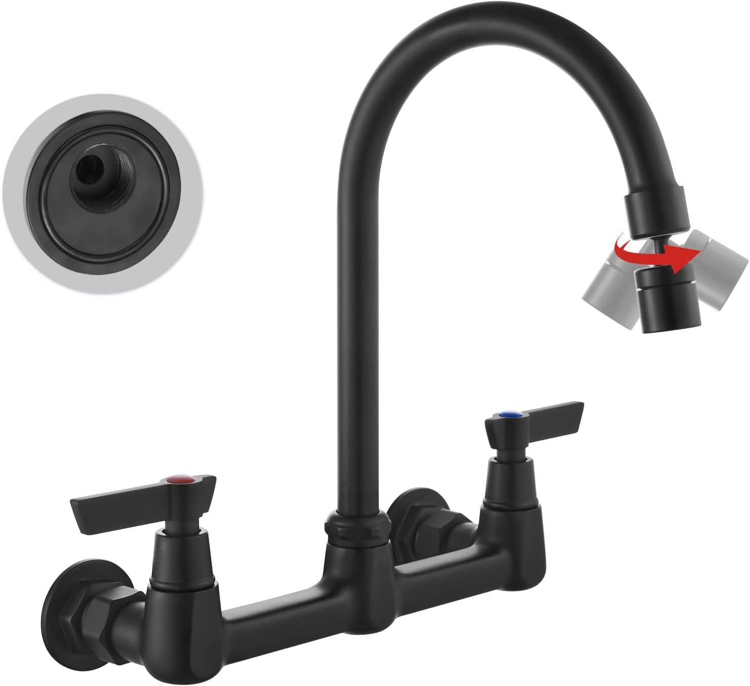 gotonovo Grifo de cocina de montaje en pared negro mate de 8 pulgadas centro ajustable de 360 grados giratorio de 360 grados grifo de fregadero de