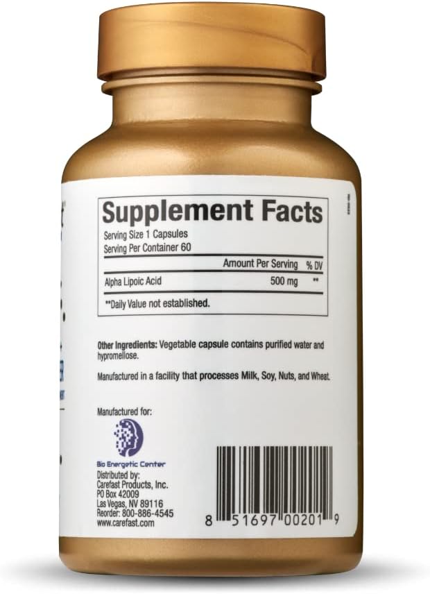 CAREFAST Ácido alfa lipoico, cápsulas ALA de 500 mg, protección antioxidante, ayuda a proteger contra la oxidación celular y el daño relacionado con