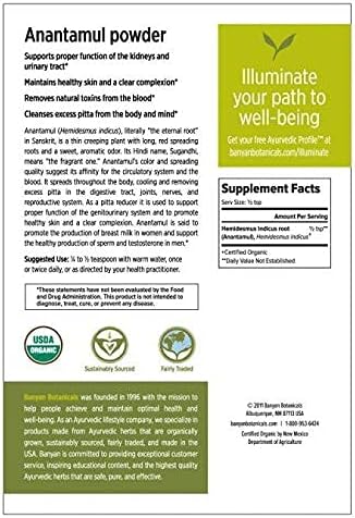 Banyan Botanicals Anantamul Powder – Certificado orgánico, 12 libra – Hemidesmus indicus – Una hierba equilibrante de pitta que apoya la función