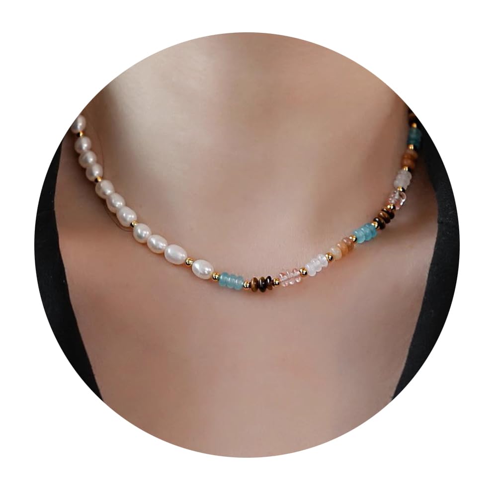 Freshwater Pearl Strand Necklace Tiger Eye Natural Gemstone Handmade Chain 18K Gold Jewelry Birthday Gift for Women 19inch Valentine Gift for Her