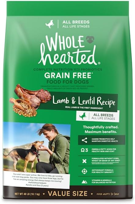 WholeHearted Alimento seco para perros con fórmula de cordero y lentejas para todas las etapas sin granos, 40 libras.