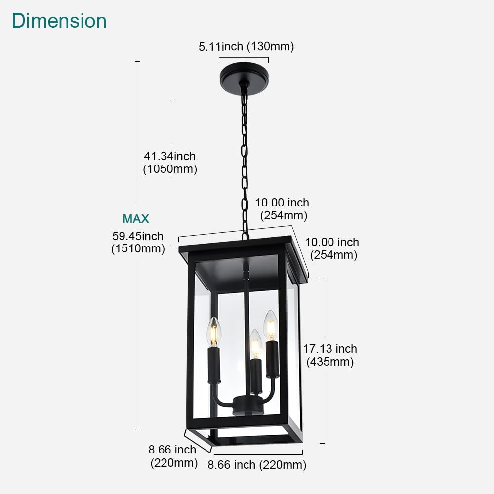 QueeuQ Lámpara colgante de 3 luces para interiores, lámpara negra para exteriores, lámpara colgante exterior con pantalla de vidrio transparente,
