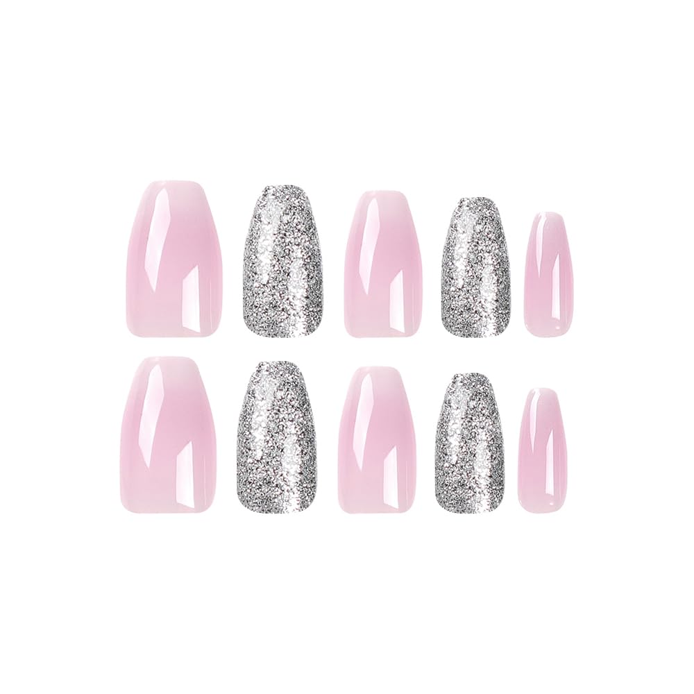 24 uñas postizas a presión color rosa, cuadradas, cortas, bailarina, ataúd, bailarina, uñas postizas a presión, diseño de purpurina degradada,