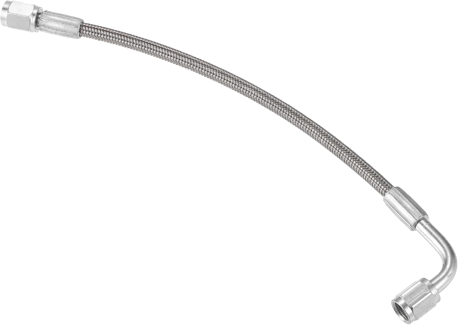 AN3 – Línea de alimentación de aceite turbo de acero trenzado de 90 grados a extremo de manguera recta, turbocompresor remoto de 9 pulgadas, línea