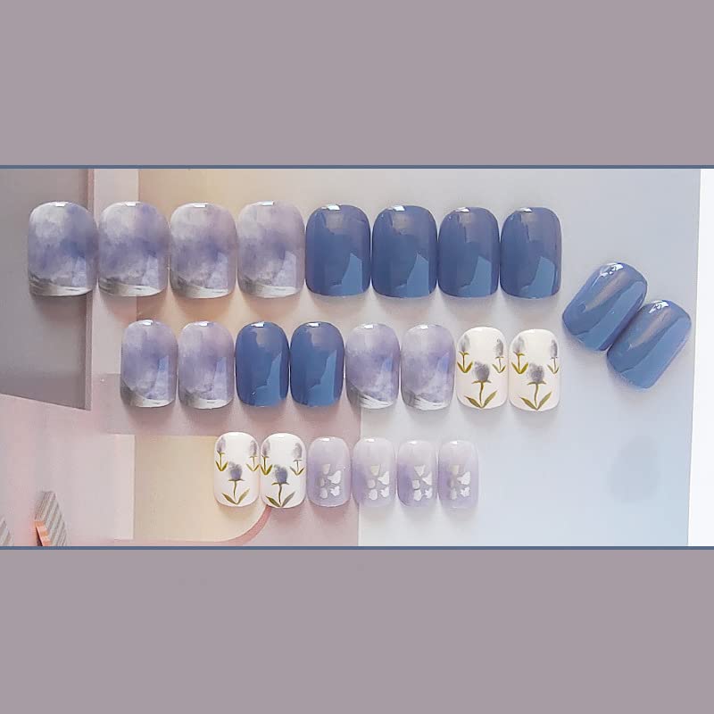 Uñas postizas a presión azules, cuadradas, cortas, de cobertura completa, brillantes, diseño con tulipanes, pegamento en las uñas para acrílico