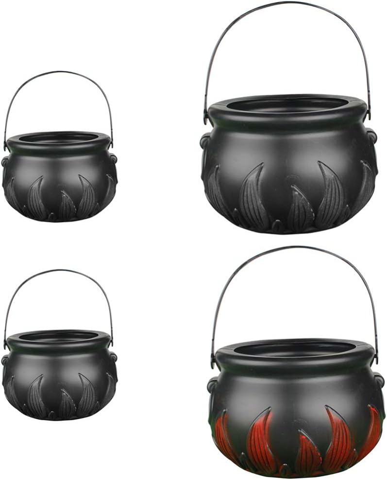 DOITOOL 4 unidades de caldero de bruja de Halloween, barril de llama de plástico, caldero negro, cubos de dulces de Halloween, recipiente con asa