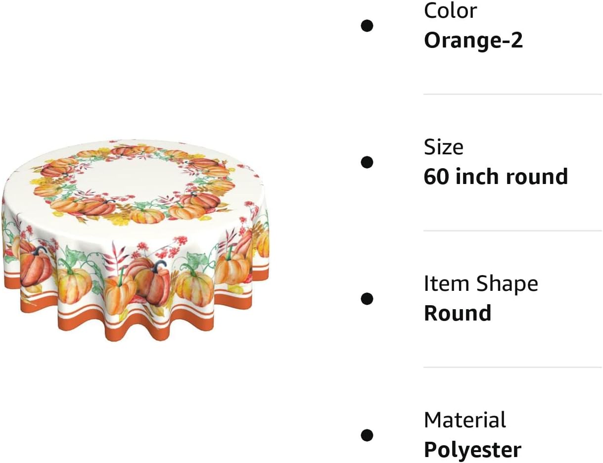 Mantel redondo de calabazas de otoño de 60 pulgadas, mantel de Acción de Gracias, hojas de arce, mantel impermeable para vacaciones, comedor,