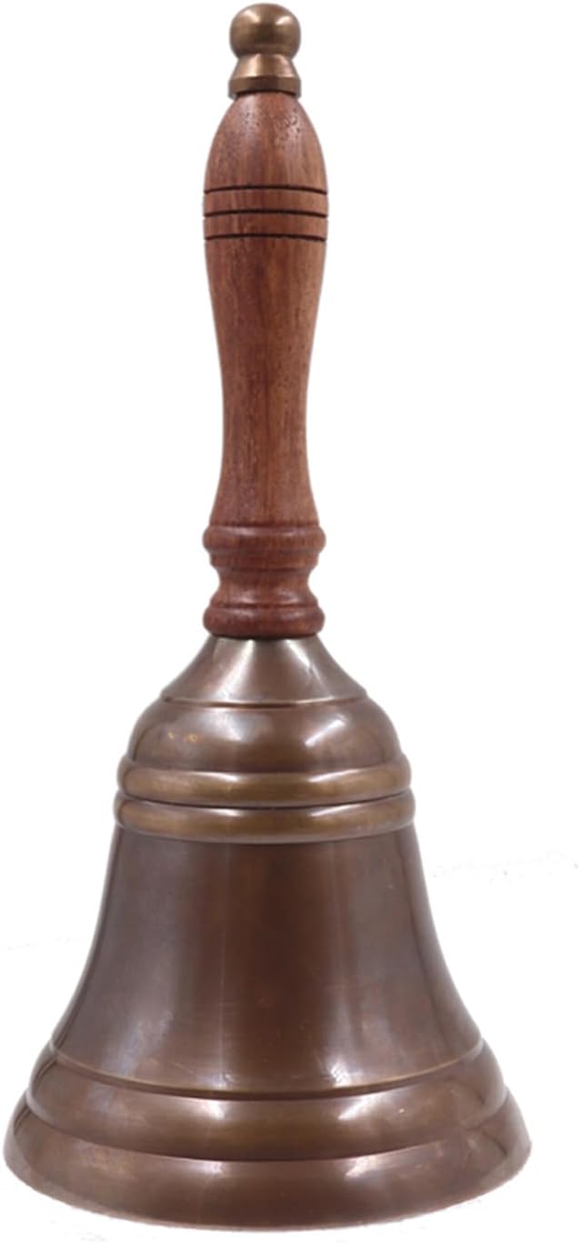 Campana de mano de latón antiguo de 8.5 pulgadas de alto y 4 pulgadas de profundidad, campana de latón macizo con mango de madera, perfecta para