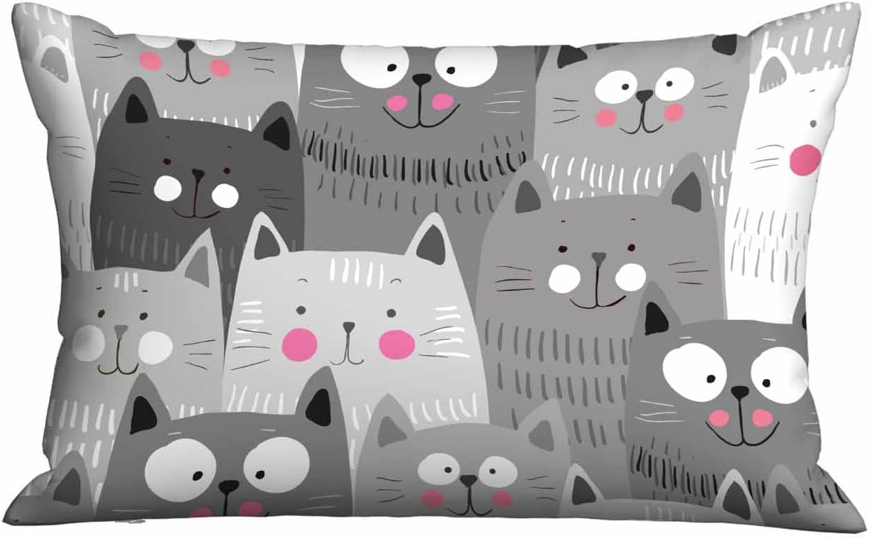 Funda de almohada blanca y gris con diseño de gatos de dibujos animados, funda de cojín lumbar para la cintura, sofá, rectangular, decorativa para