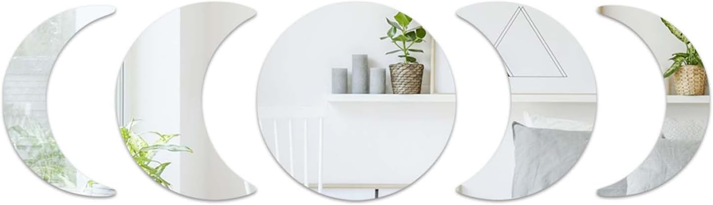 Juego de 5 piezas de espejos de fases lunares, calcomanías de pared de espejo acrílico, calcomanías de pared autoadhesivas, espejo de luna