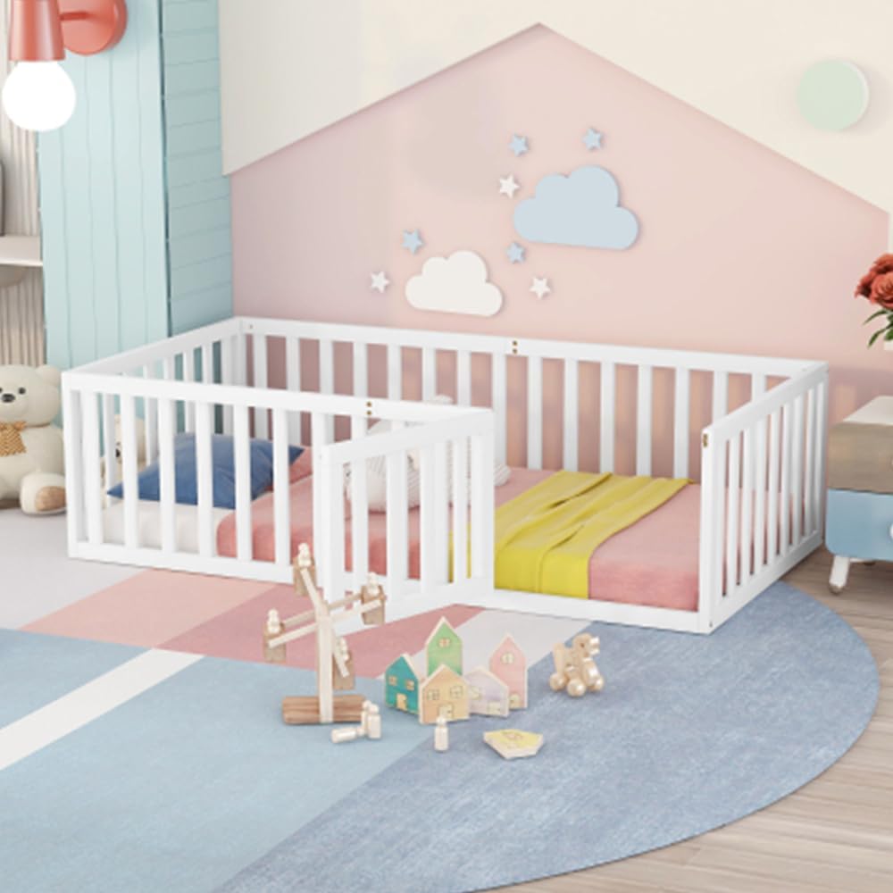 P PURLOVE Base de cama de suelo de tamaño individual para niños, camas Montessori de madera con riel de valla para niños y niñas, (blanco, cama