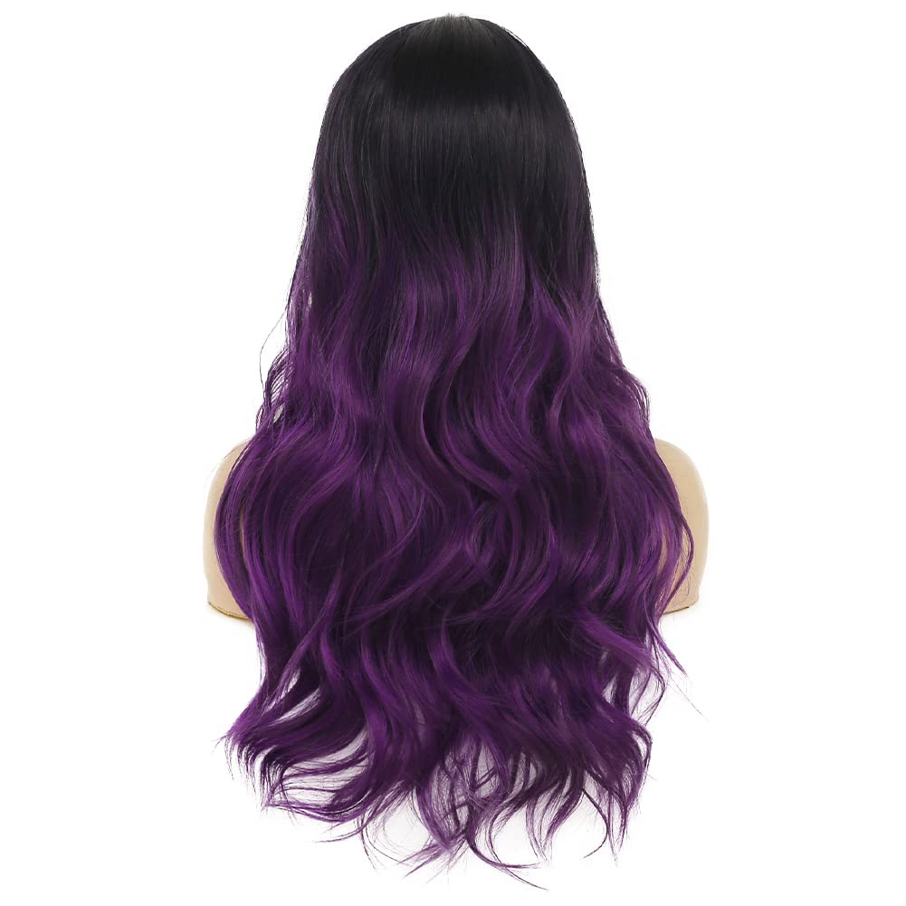 Pelucas largas rizadas y onduladas de color morado degradado para mujer, pelucas de cabello sintético con raíces oscuras, cosplay, fiesta de