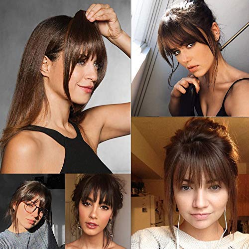 GongXiu – Extensiones de cabello humano real con clip, color negro natural, flequillo liso y plano con sienes para mujer (marrón rojizo oscuro,