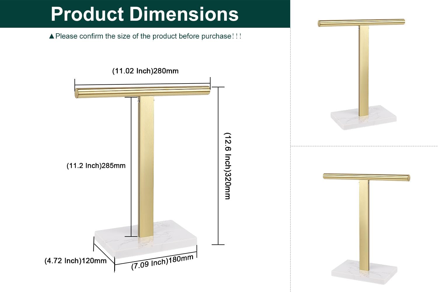 Toallero de mano, soporte para toallas de mano en forma de T para baño con base de mármol, soporte de acero inoxidable 304, toallero de mano