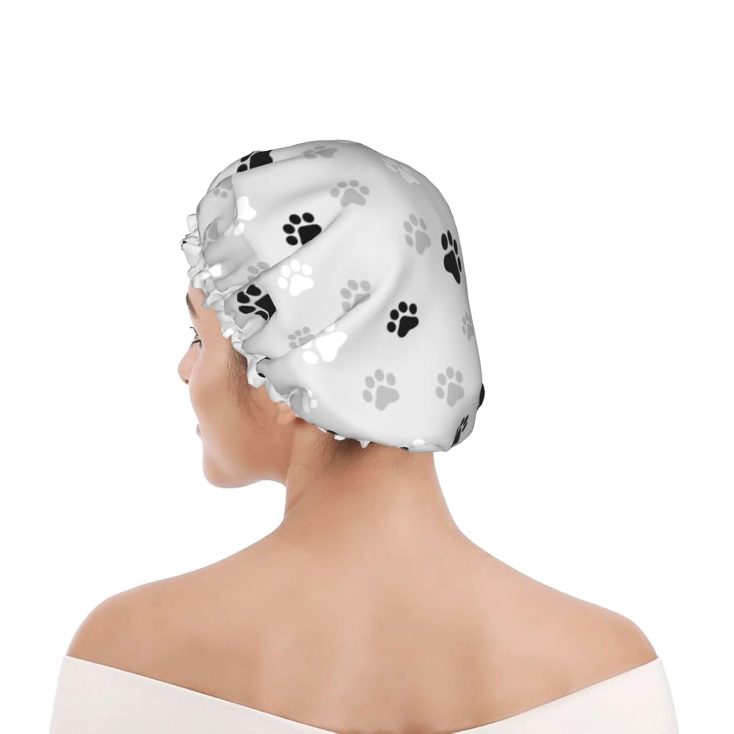 Gorro de ducha reutilizable con estampado de patas de perro para mujer, pelo largo, doble capa impermeable, gorro de ducha para niños, niñas y