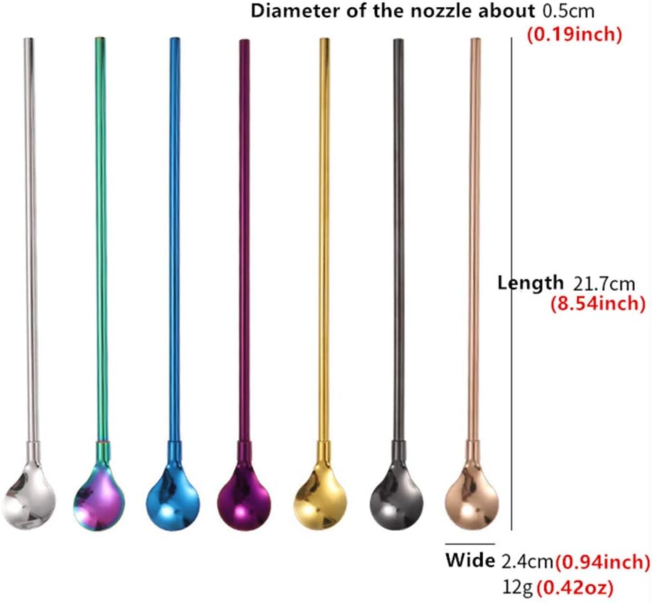 Falytemow Cucharas de acero inoxidable reutilizables, cucharas de cóctel de metal, pajitas con cepillo de limpieza largo para bebida, batidos,