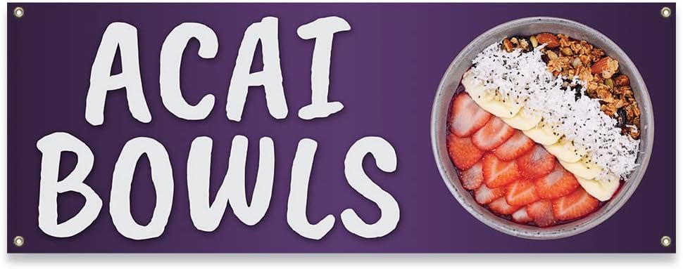 ACAI Bowls  Cartel de 18 x 48 pulgadas  Soporte de concesión para camiones de comida de una cara con ojales  Fabricado en los Estados Unidos