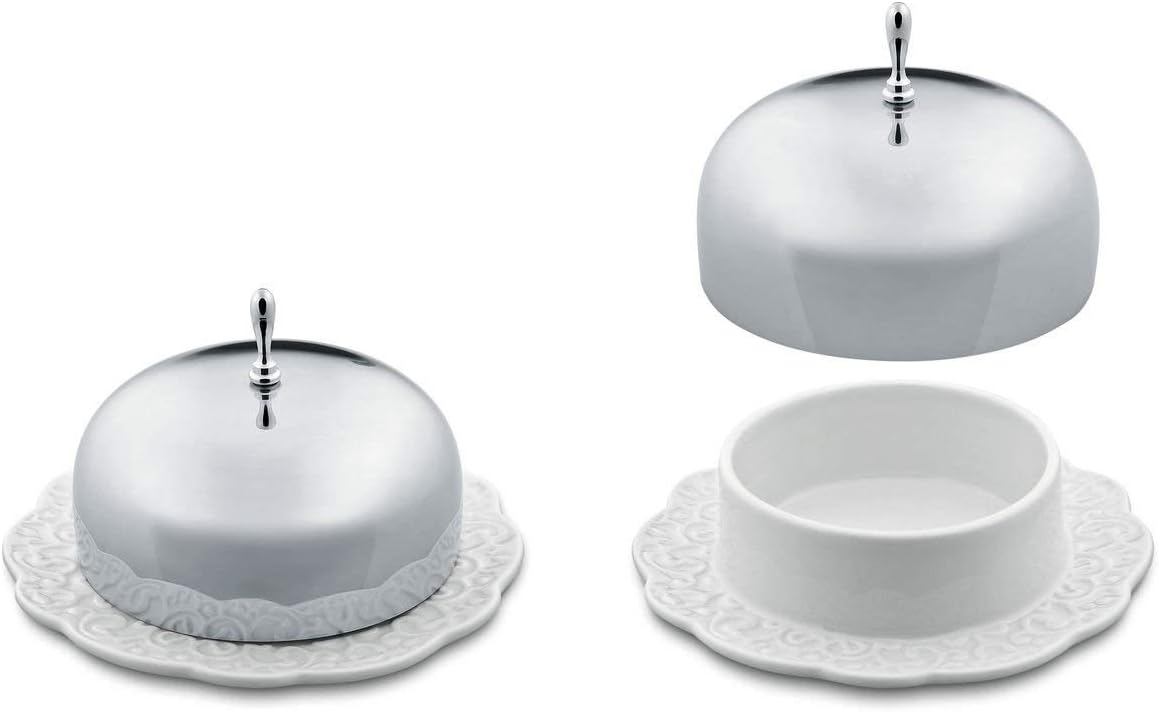 Alessi Mantequillera “vestida” en porcelana con tapa en acero inoxidable 1810 pulido espejo, color blanco