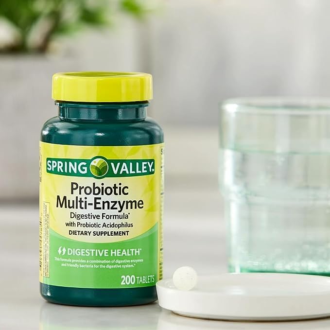 Spring Valley Comprimidos probióticos multienzimáticos de fórmula digestiva, 200 unidades en total. + Bono (1) colágeno One Plus para belleza y