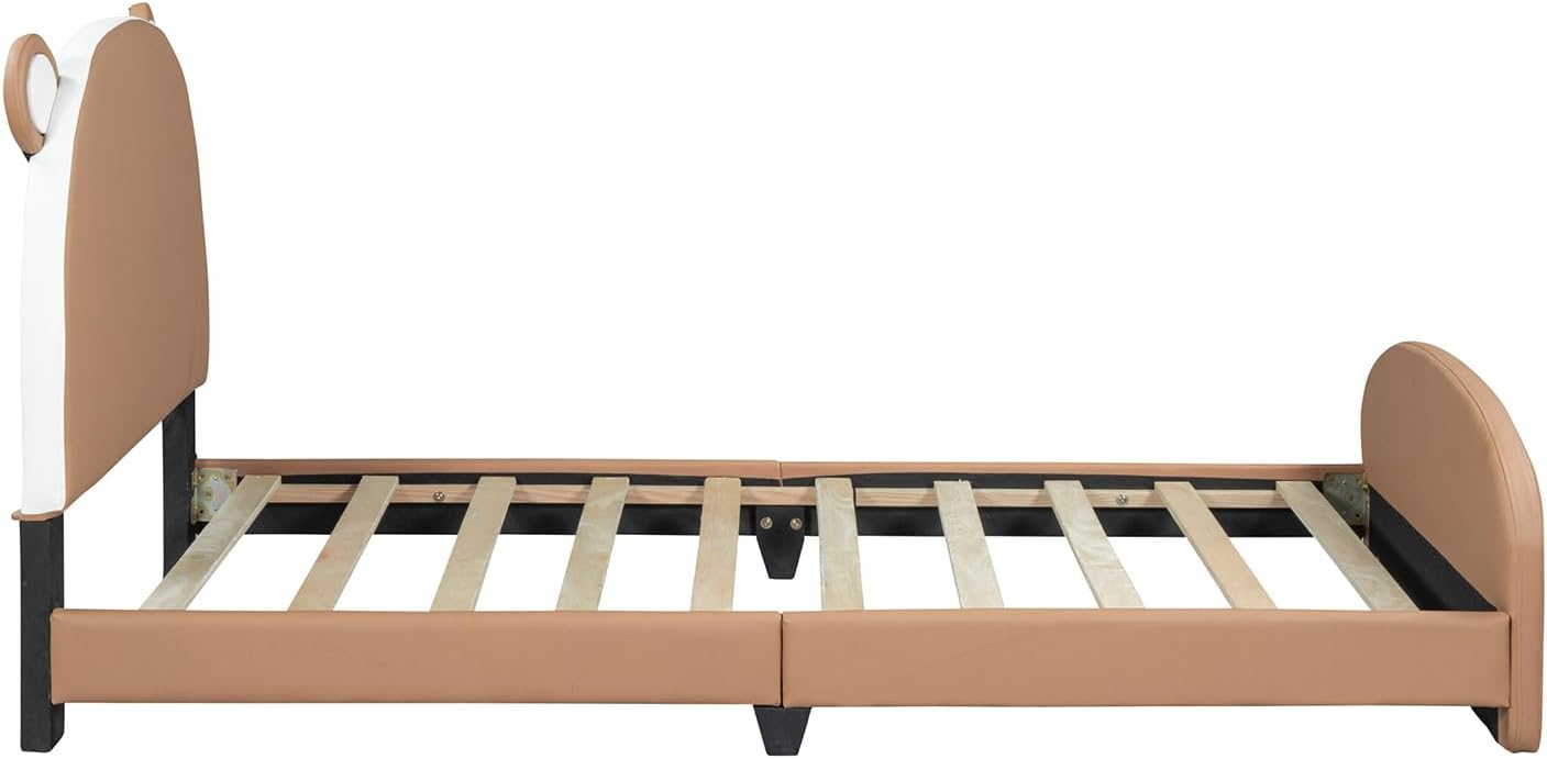 Cama de plataforma tapizada de tamaño individual con cabecero y estribo en forma de oso, marco de cama para niños y niñas y adolescentes,